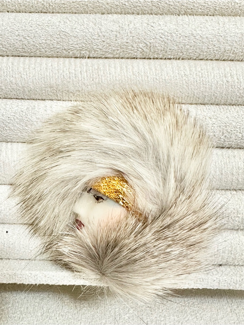 Luxurious Cream Faux Fur Pom Brooch with Gold Accent